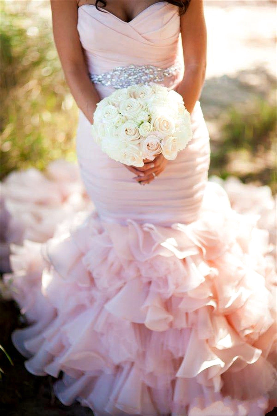 Sexy Mermaid Sweetheart Wedding Dresses  Pink Crystal Lace-Up Lovely Ruffles Bridal Gowns