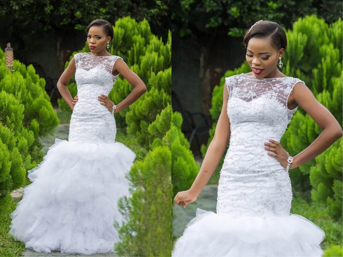 Sexy Mermaid Tiered Long Wedding Dresses Crystal Sleeveless  Bridal Gowns