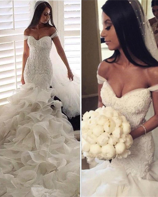 Sexy Mermaid Tiered  Wedding Dress Off the Shoulder Beading Long Bridal Gown