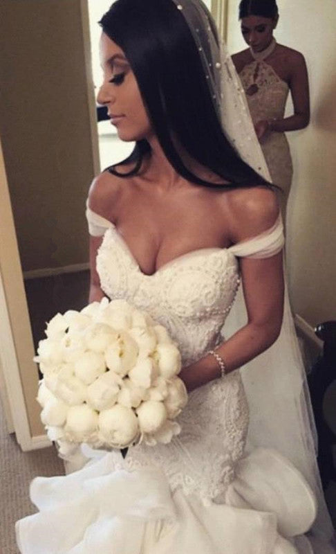 Sexy Mermaid Tiered  Wedding Dress Off the Shoulder Beading Long Bridal Gown