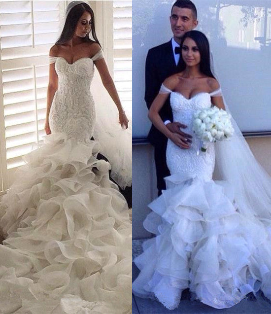 Sexy Mermaid Tiered  Wedding Dress Off the Shoulder Beading Long Bridal Gown