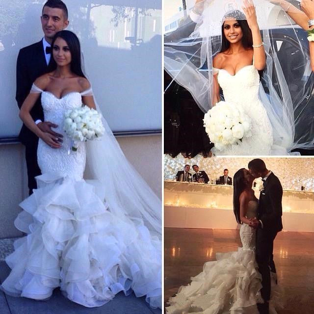 Sexy Mermaid Tiered  Wedding Dress Off the Shoulder Beading Long Bridal Gown