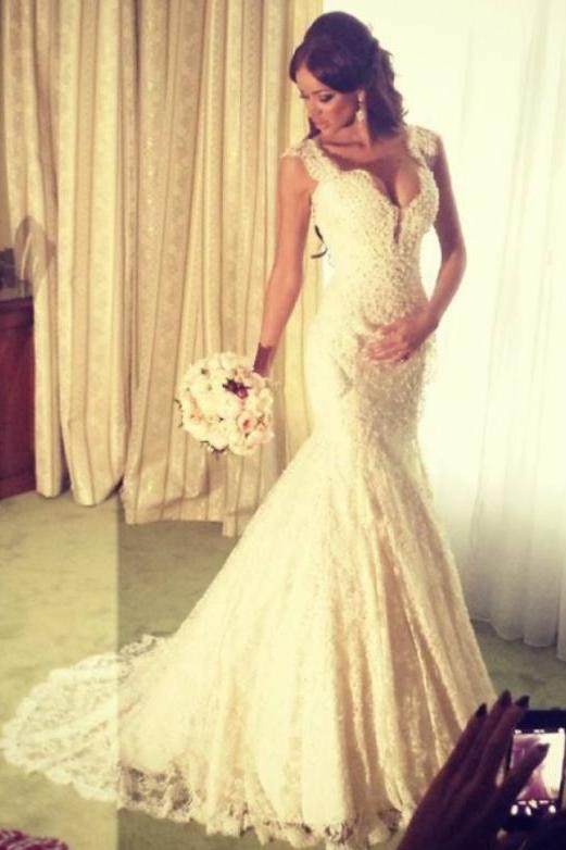 Sexy Mermaid V-neck Wedding Dress Sparkly Lace  Bridal Gowns BO4457
