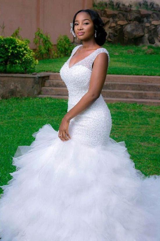 Sexy Mermaid V-neck  Wedding Dresses Sleeveless Beading Court Train Bridal Gown