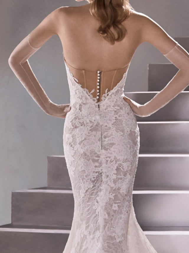 Sexy Mermaid Wedding Dresses Sweetheart Lace Sleeveless Bridal Gowns Plus Size Sweep Train