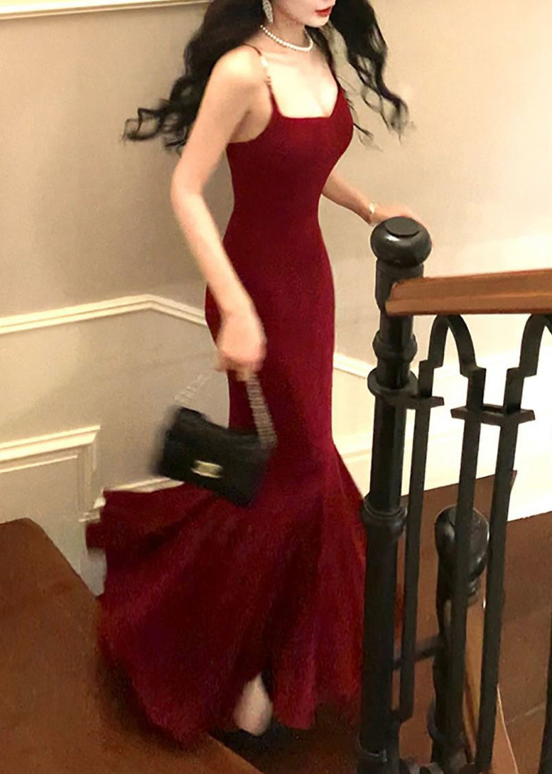 Sexy Mulberry Flattering Solid Knit Maxi Spaghetti Strap Dress Summer