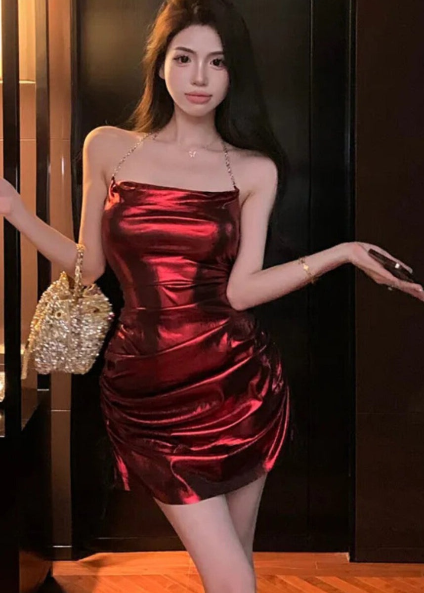 Sexy Mulberry Wrinkled Silm Fit Cotton Mini Dress Summer