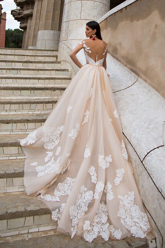 Sexy Off The Shoulder Champagne Wedding Dresses | Detachable Tulle Overskirt Train Lace Bridal Gowns