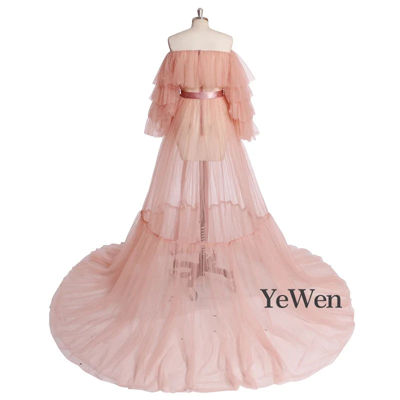 Sexy Pink Long Maternity Photography Props Dresses Tulle Perspective Pregnancy Mesh Maxi Gown For Pregnant Women Photo Shooting