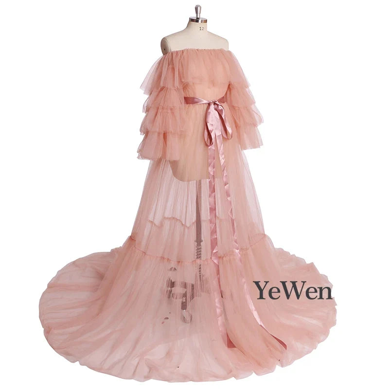 Sexy Pink Long Maternity Photography Props Dresses Tulle Perspective Pregnancy Mesh Maxi Gown For Pregnant Women Photo Shooting