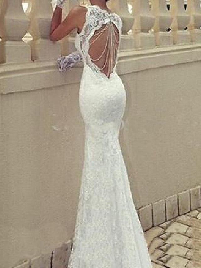 Sexy Plus Size Mermaid Beach Wedding Dress Scoop Lace Taffeta Chiffon Sleeveless Bridal Gowns with Sweep Train
