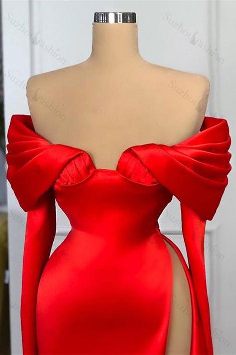 Sexy Red Long Sleeves Mermaid Evening Prom Dresses Off-the-Shoulder With Slit