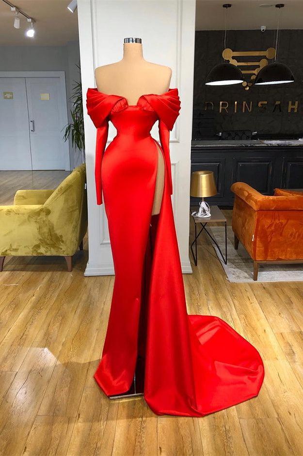 Sexy Red Long Sleeves Mermaid Evening Prom Dresses Off-the-Shoulder With Slit