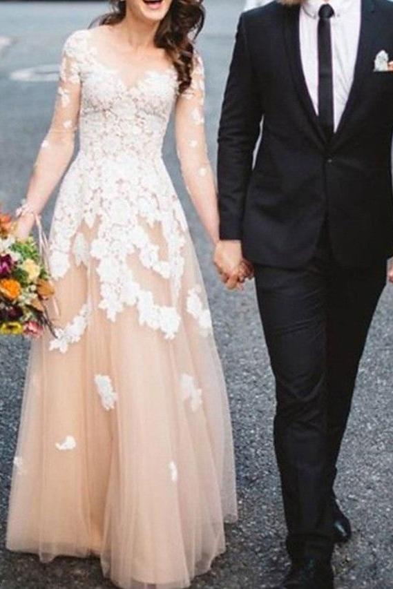 Sexy See-Through A-Line Beach Wedding Dress Jewel Lace Tulle Long Sleeve Bridal Gowns Sweep Train