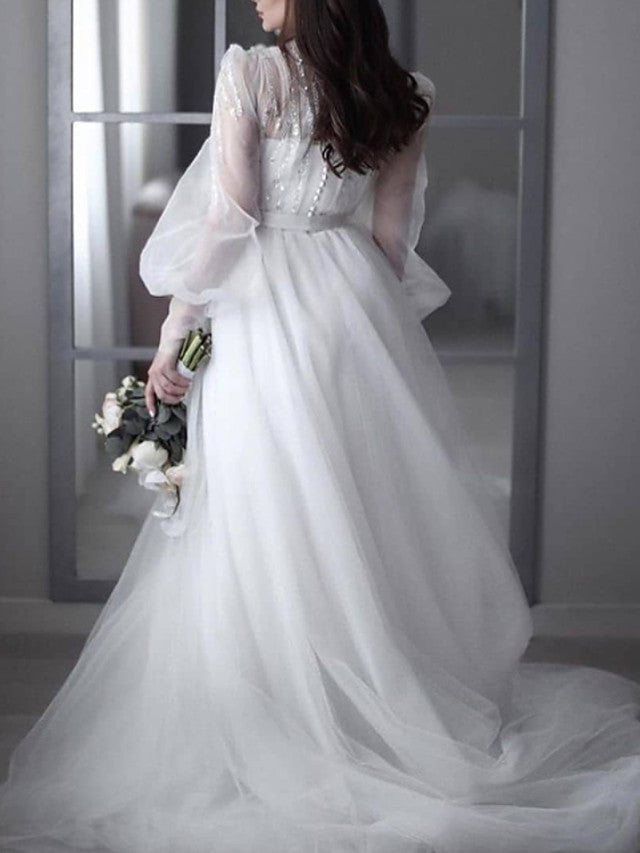 Sexy See-Through A-Line Beach Wedding Dress V-neck Lace Tulle 3/4 Sleeve Bridal Gowns Backless with Sweep Train