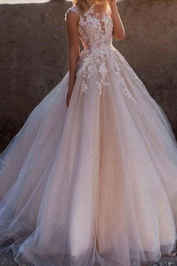 Sexy See-Through A-Line Wedding Dress Jewel Lace Tulle Sleeveless Bridal Gowns with Court Train