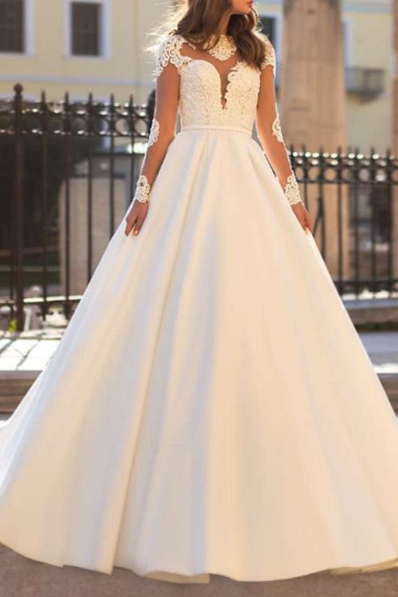Sexy See-Through A-Line Wedding Dress Lace Long Sleeves Glamorous Backless Bridal Gowns Illusion Detail with Sweep Train