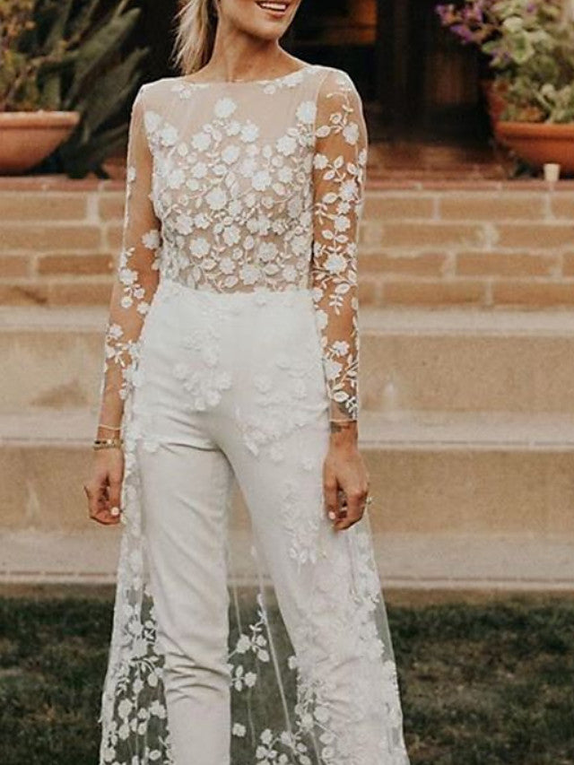 Sexy See-Through Jumpsuits A-Line Beach Wedding Dress Jewel Lace Satin Long Sleeves Modern Bridal Gowns with Sweep Train