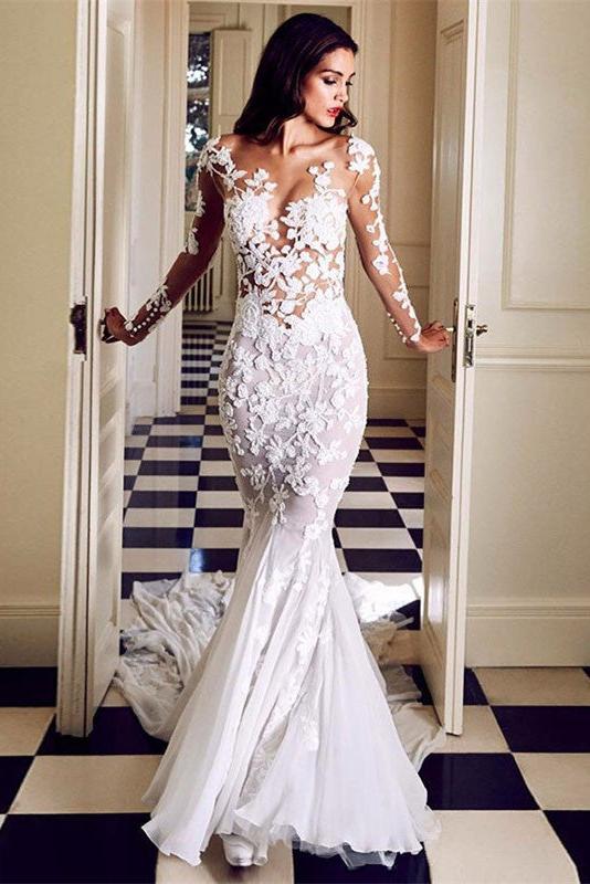Sexy See Through Lace Appliques Mermaid Long Sleeve Chiffon Beach Wedding Dresses with Court Train