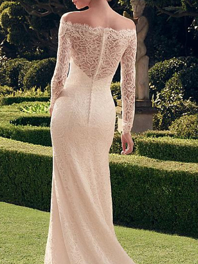 Sexy See-Through Mermaid Beach Wedding Dress Off Shoulder Lace Long Sleeve Romantic Bridal Gowns Sweep Train