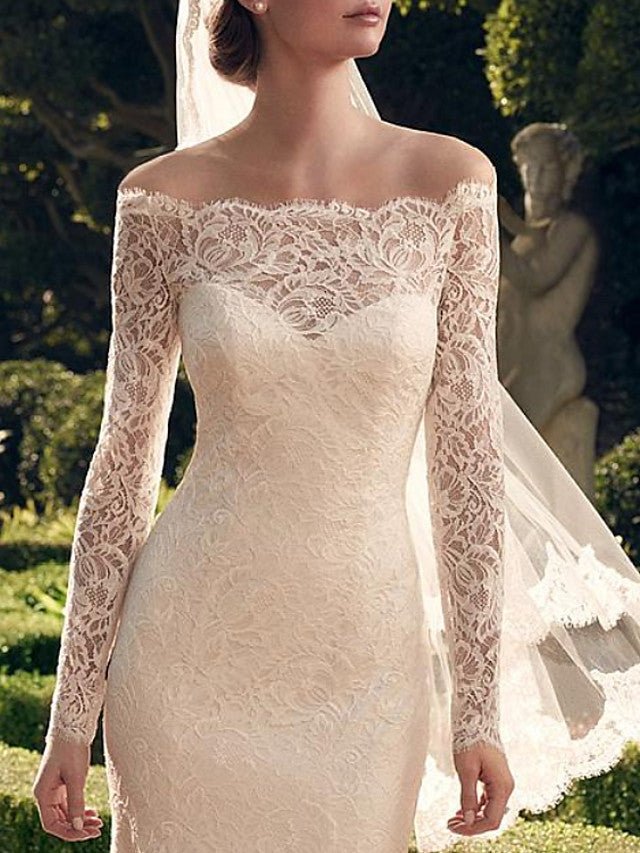 Sexy See-Through Mermaid Beach Wedding Dress Off Shoulder Lace Long Sleeve Romantic Bridal Gowns Sweep Train