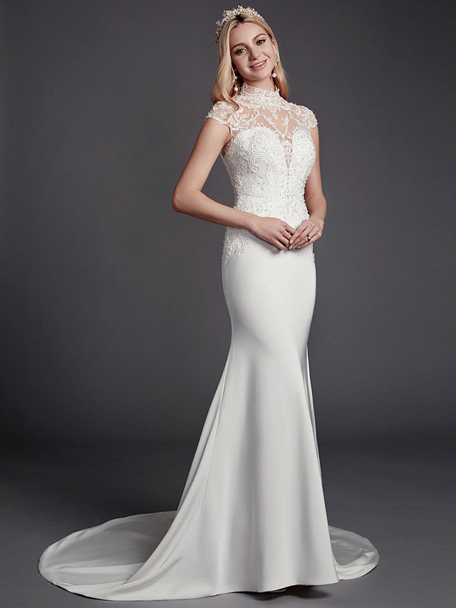 Sexy See-Through Mermaid Wedding Dress High-Neck Lace Satin Sleeveless Bridal Gowns Illusion Detail Backless with Court Train