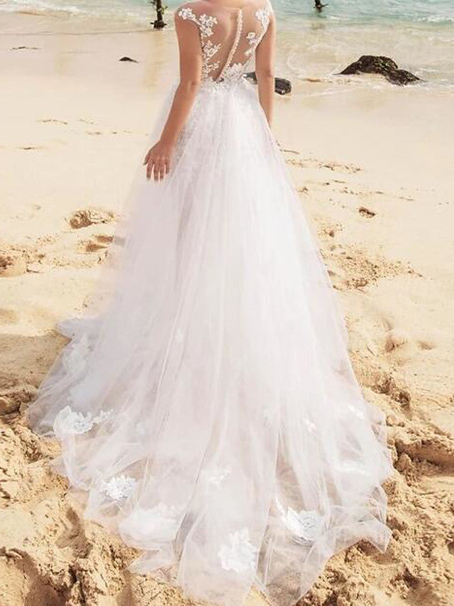 Sexy See-Through Mermaid Wedding Dress Jewel Lace Tulle Sleeveless Bridal Gowns  with Sweep Train