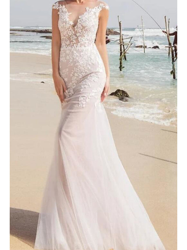 Sexy See-Through Mermaid Wedding Dress Jewel Lace Tulle Sleeveless Bridal Gowns  with Sweep Train