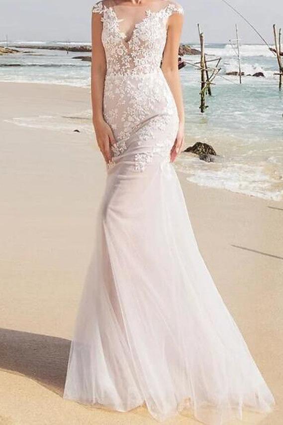 Sexy See-Through Mermaid Wedding Dress Jewel Lace Tulle Sleeveless Bridal Gowns  with Sweep Train
