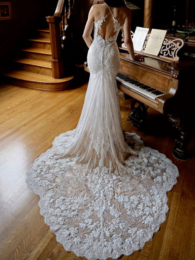 Sexy Sheath Beach Wedding Dress Jewel Lace Sleeveless Bridal Gowns in Color with Chapel Train