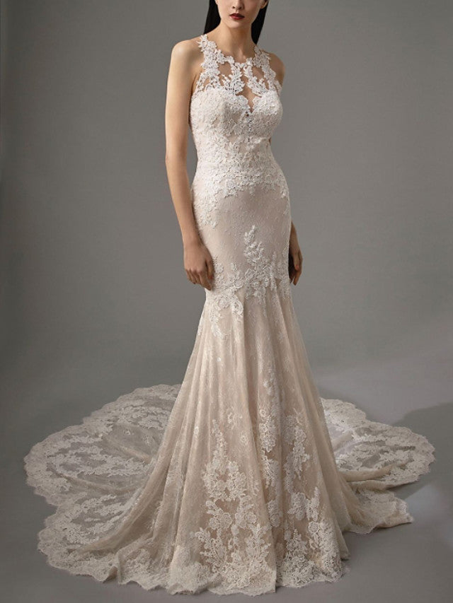 Sexy Sheath Beach Wedding Dress Jewel Lace Sleeveless Bridal Gowns in Color with Chapel Train