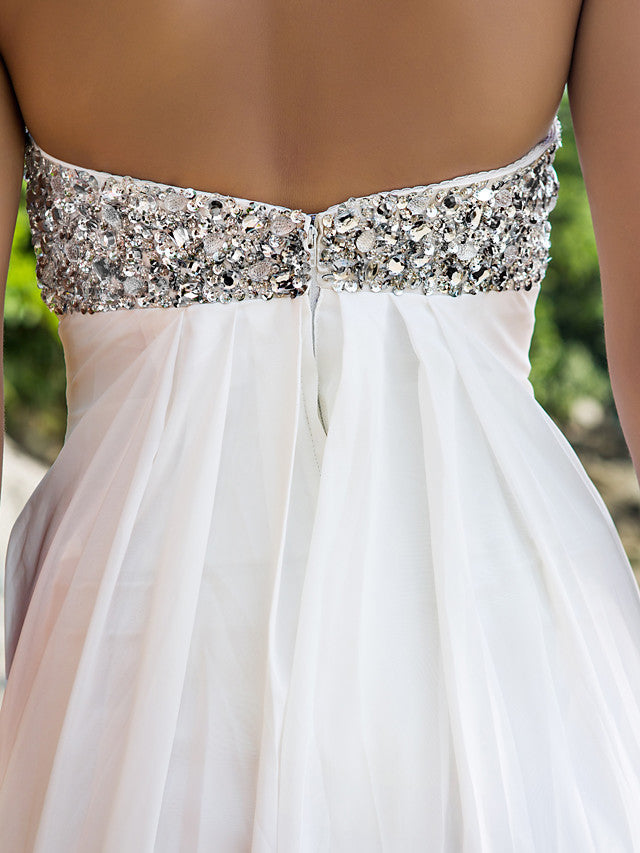 Sexy Sheath Beach Wedding Dresses Sweetheart Chiffon Strapless Backless Bridal Gowns Sweep Train