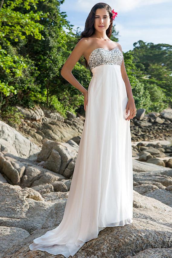 Sexy Sheath Beach Wedding Dresses Sweetheart Chiffon Strapless Backless Bridal Gowns Sweep Train