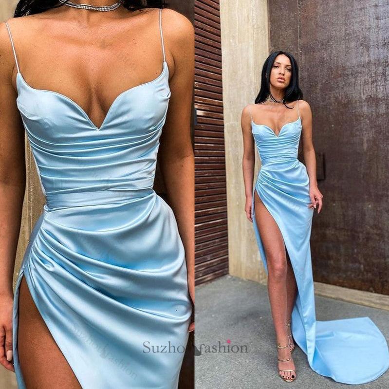 Sexy Sky Blue Spaghetti-Straps Mermaid Evening Prom Dresses With Slit Party Gowns