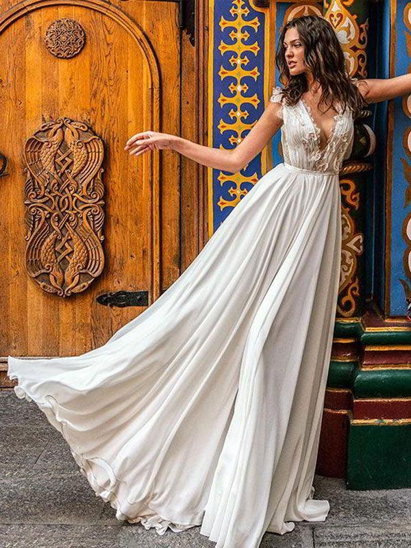 Sexy Sleeveless Deep V Neck Ruffles Satin Ivory Beach Wedding Dresses