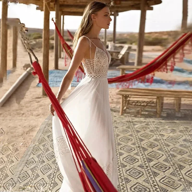 Sexy Spaghetti Straps A-line Deep V-Neck Backless Wedding Dresses  Sleeveless robe de mariée Bridal Gowns vestidos de novia 2023 (ZD13308)