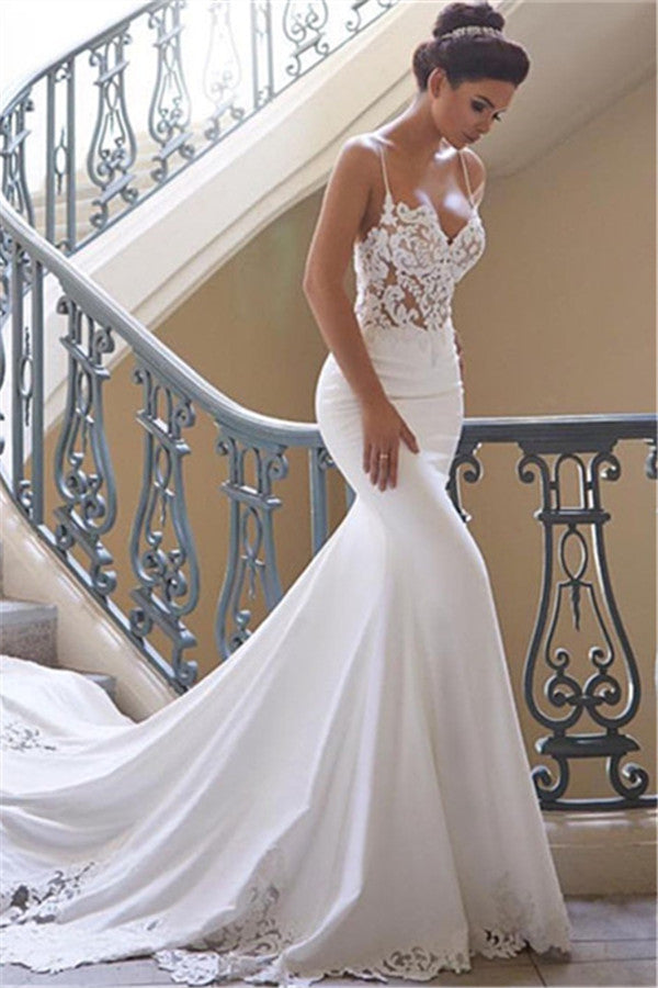 Sexy Spaghetti Straps Mermaid Beach Wedding Dresses | Lace Bridesmaid Gowns Online