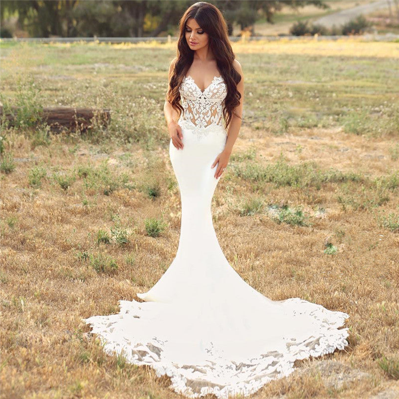 Sexy Spaghetti Straps Mermaid Beach Wedding Dresses | Lace Bridesmaid Gowns Online