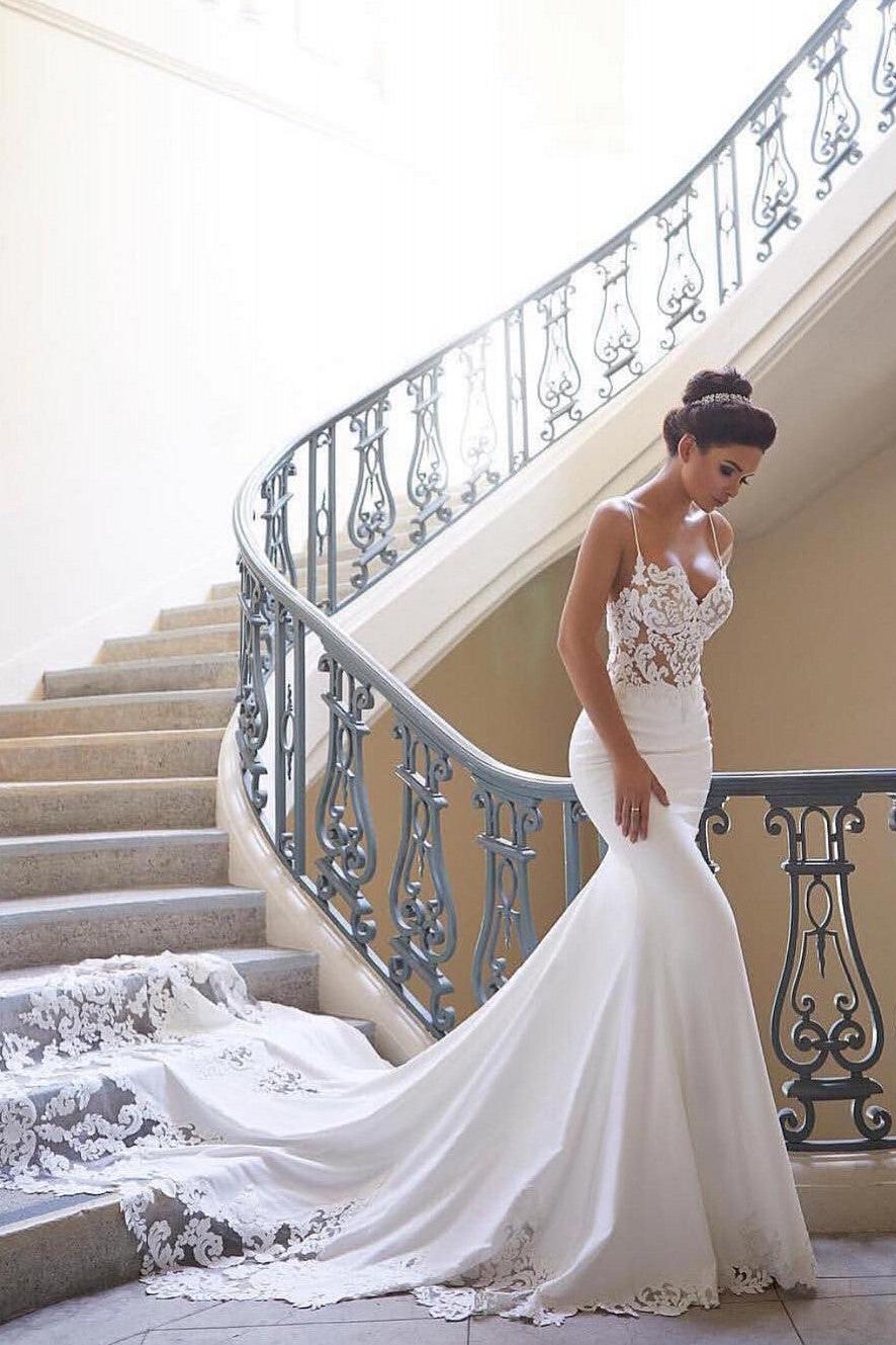 Sexy Spaghetti Straps Mermaid Beach Wedding Dresses | Lace Bridesmaid Gowns Online