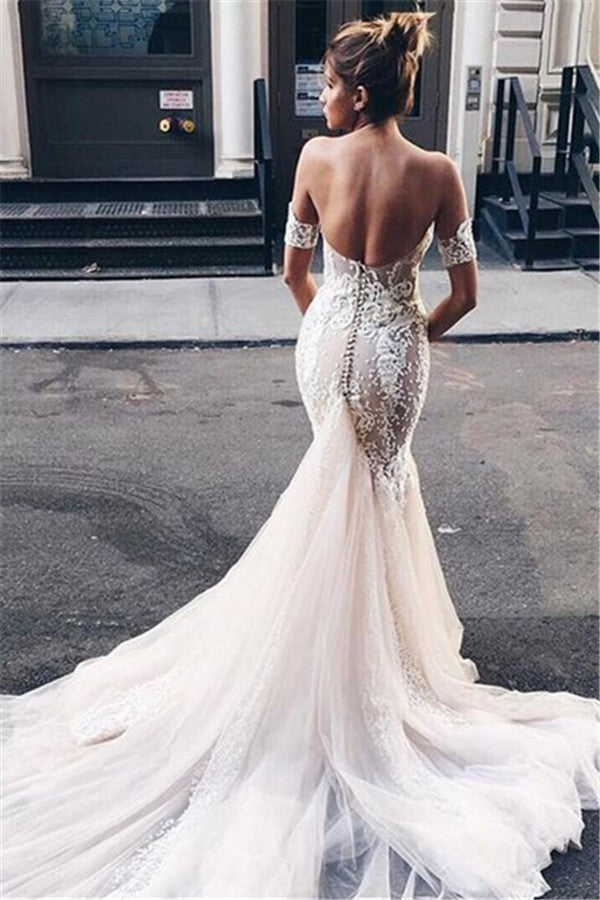 Sexy Strapless Mermaid Bride Dress  Open Back Sweetheart Wedding Dress with Long Tulle Train