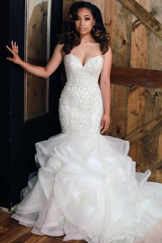 Sexy Strapless Mermaid Ruffle Wedding Dresses  | Beads Lace Appliques Bridal Gowns