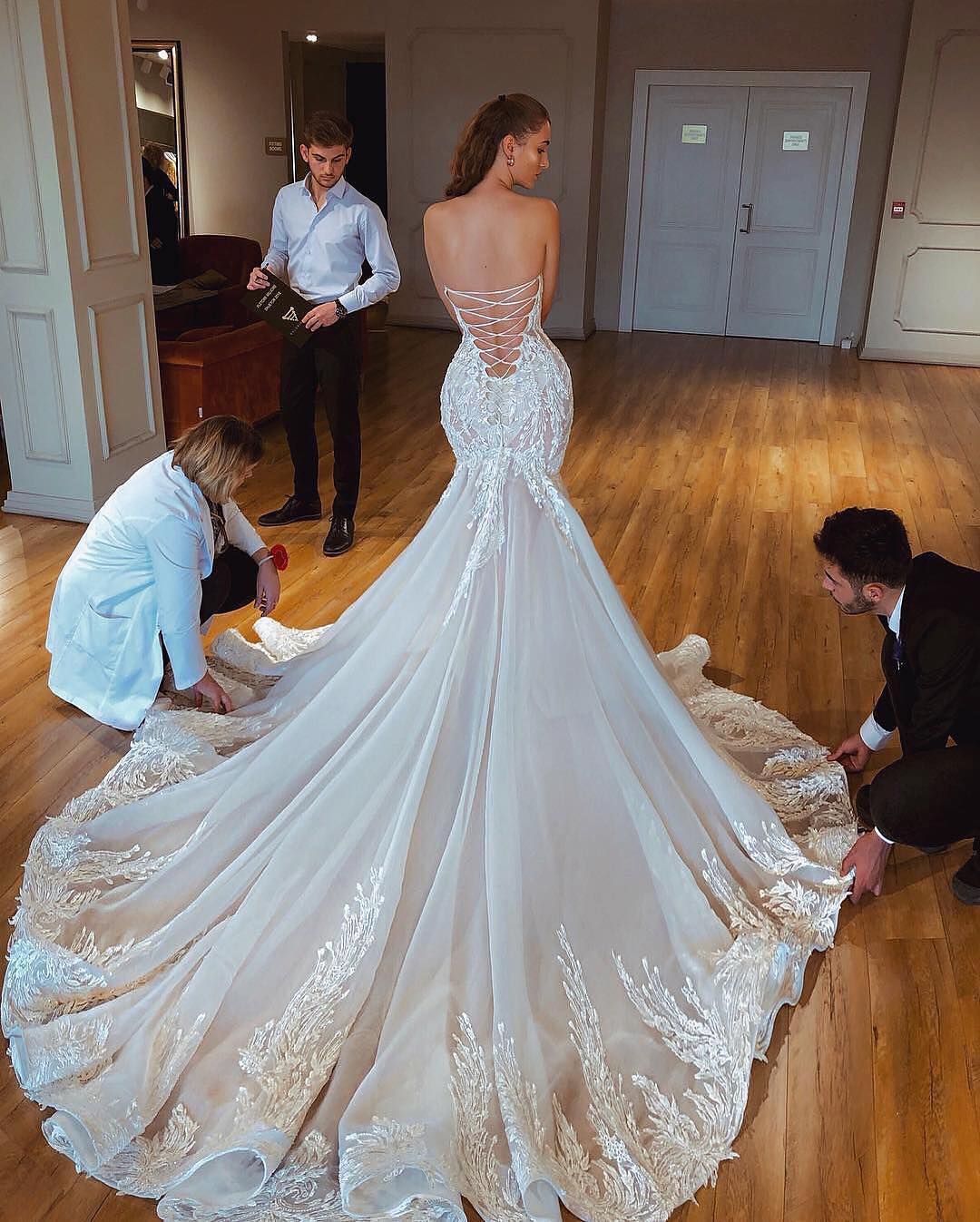 Sexy Strapless Mermaid Wedding Dresses | Puffy Appliques Bridal Gowns