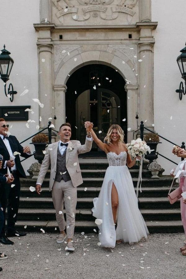 Sexy Strapless Sleeveless Column Floor-Length Tulle Wedding Dresses with Appliques