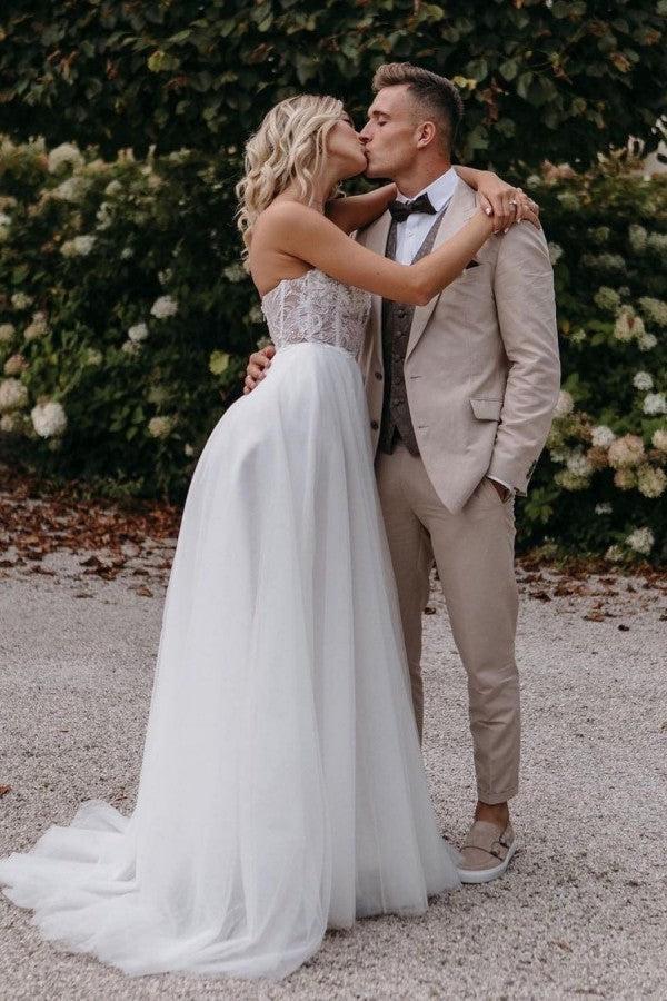 Sexy Strapless Sleeveless Column Floor-Length Tulle Wedding Dresses with Appliques