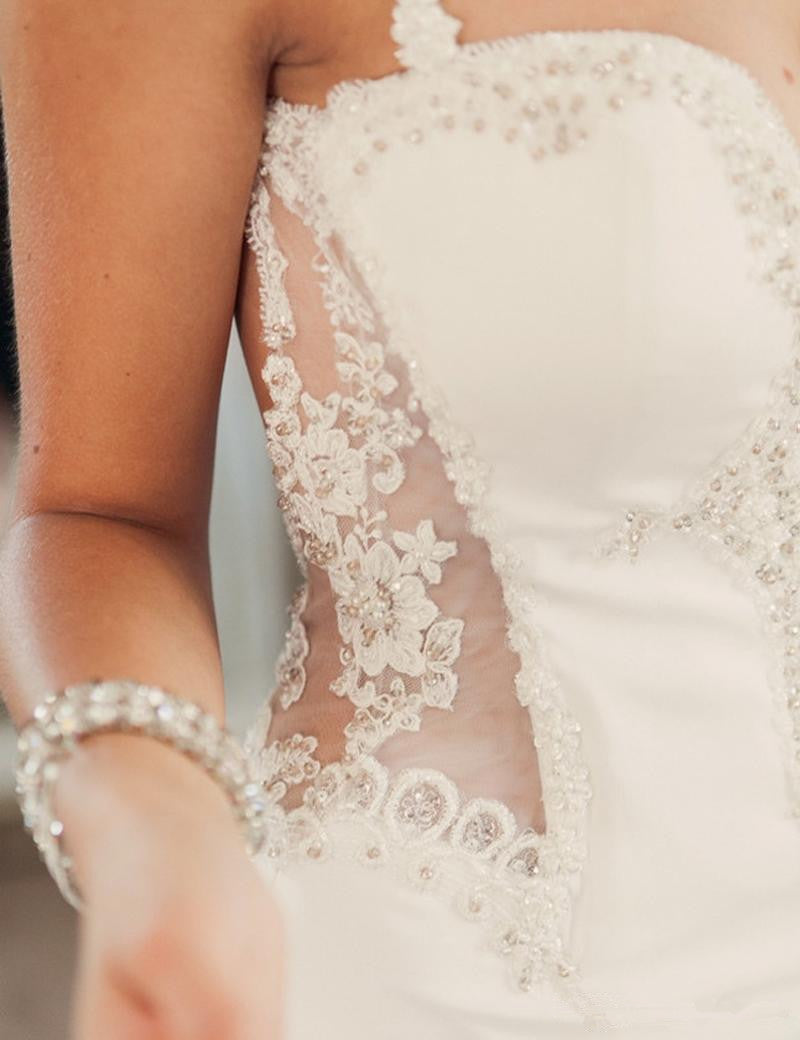 Sexy  Summer Bridal Gowns Spaghetti Straps Lace Beading Open Back New Wedding Dresses