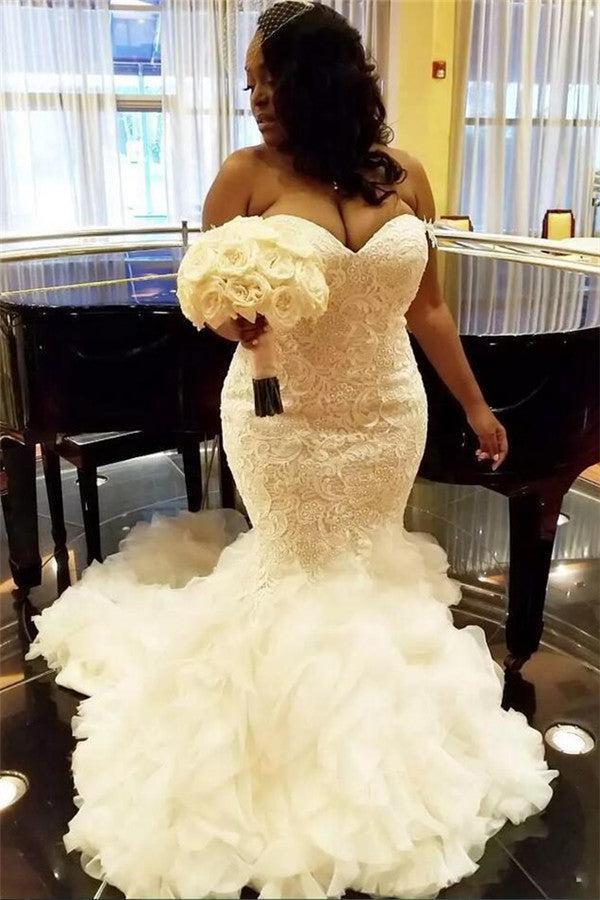 Sexy Sweetheart Mermaid Lace Wedding Dresses  | Tiered Ruffles Tulle Bridal Dress with Court Train