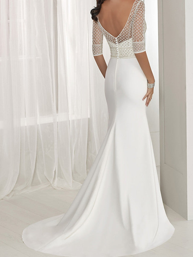Sexy Two Piece A-Line Beach Wedding Dresses Jewel Lace Tulle Half Sleeve Bridal Gowns See-Through Backless Sweep Train