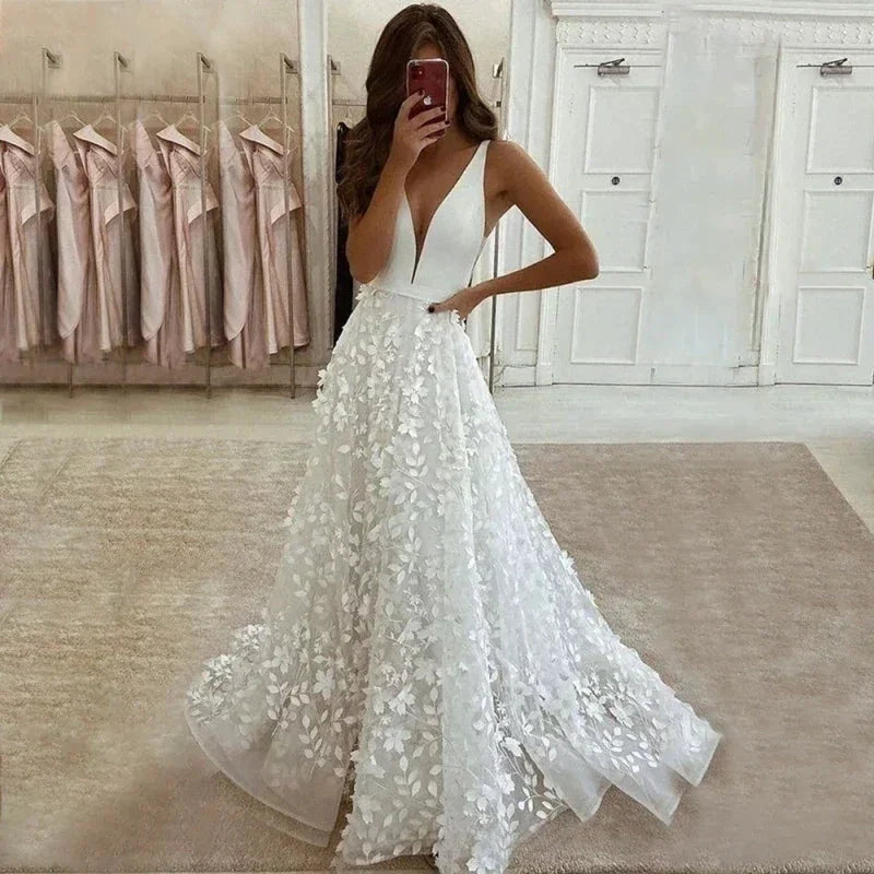 Sexy V Neck Lace Appliques A Line Wedding Dress 2023 Off the Shoulder Satin Bridal Gown Sweep Backless Floor Robe De Mariée (ZD14239)