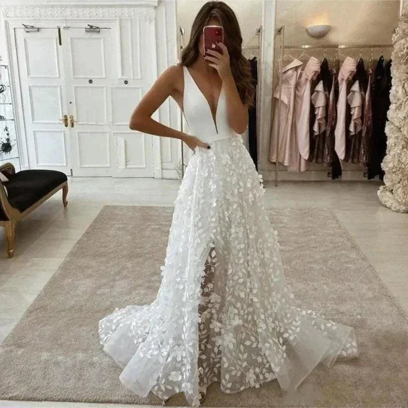 Sexy V Neck Lace Appliques A Line Wedding Dress 2023 Off the Shoulder Satin Bridal Gown Sweep Backless Floor Robe De Mari�e (ZD14239) - VelvetHem