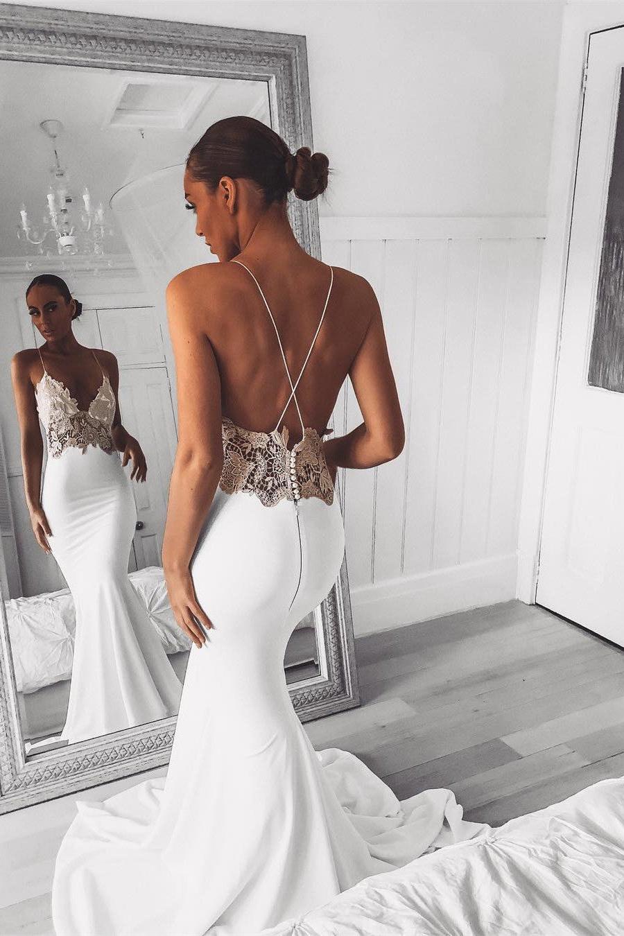 Sexy V-Neck Lace Mermaid Wedding Dress Spaghetti Strap Open Back Bridal Gown On Sale